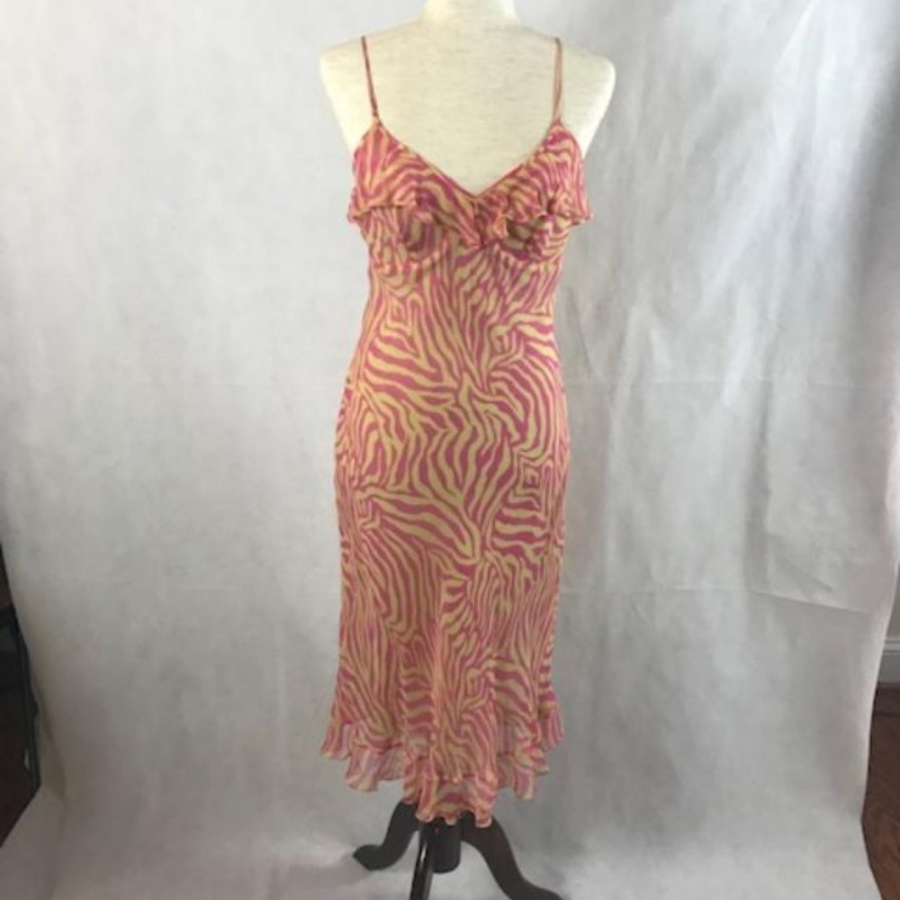NWOT Animal Print Pink & Yellow Midi Dress with Ruffles Size M